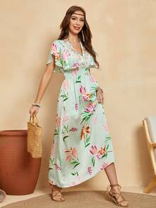 印花蝴蝶袖連衣裙 - 薄荷綠 - 查看 6