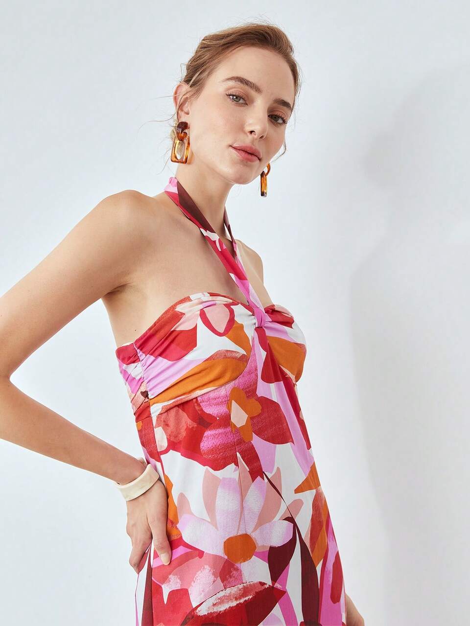 FLORAL LINEN VISCOSE HALTER DRESS
