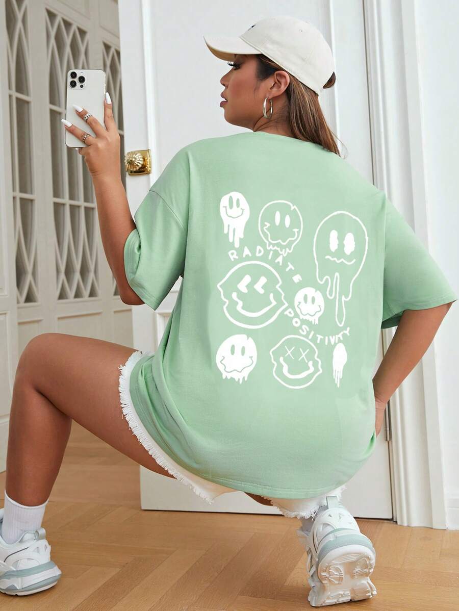 SHEIN EZwear Plus Cartoon Face Print Drop Shoulder Tee - Mint Green - View 1
