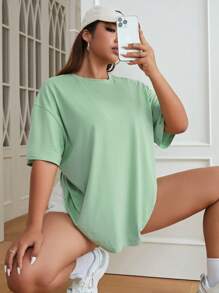 SHEIN EZwear Plus Cartoon Face Print Drop Shoulder Tee - Mint Green - View 2