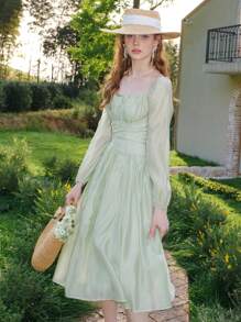 Ruched Bust Lantern Sleeve Dress - Mint Green - View 1