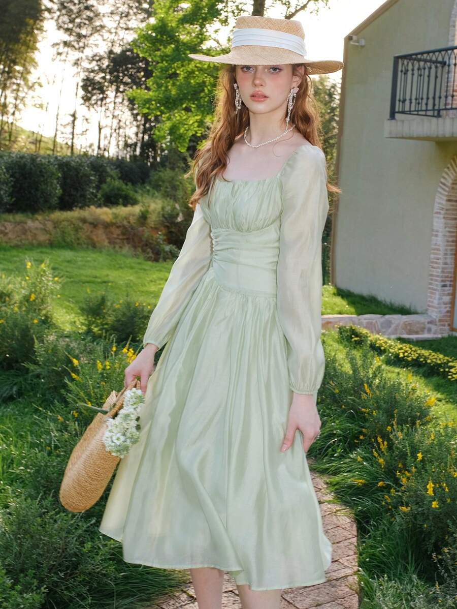 Ruched Bust Lantern Sleeve Dress - Mint Green - View 1