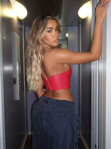 SHEIN ICON Pu Leather Crop Tube Red Going Out Top - Red - View 2