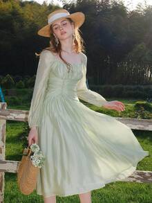 Ruched Bust Lantern Sleeve Dress - Mint Green - View 5
