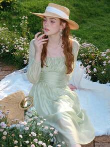 Ruched Bust Lantern Sleeve Dress - Mint Green - View 7