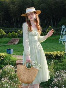 Ruched Bust Lantern Sleeve Dress - Mint Green - View 8