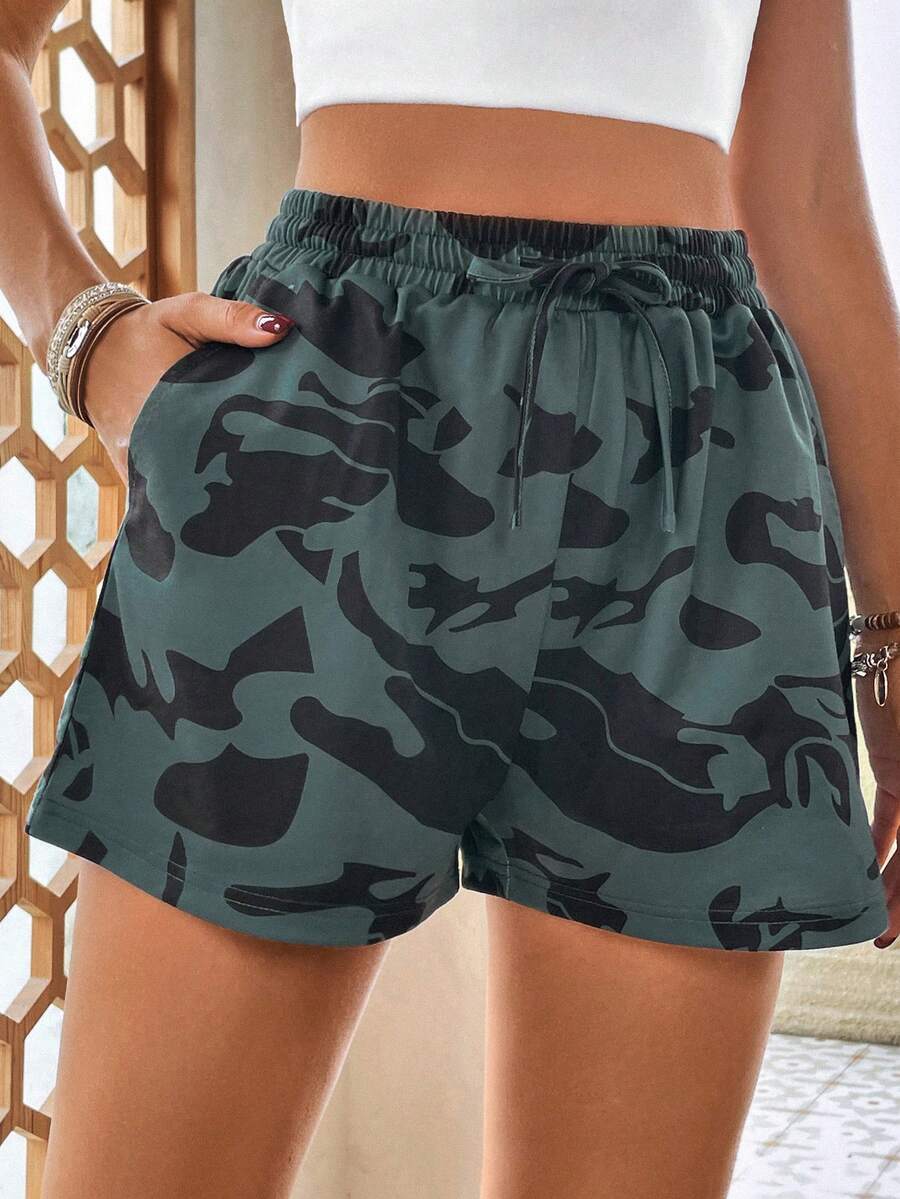 SHEIN LUNE Quần đùi nữ Túi Tất cả trên in Giải trí - Màu xanh lá cây đậm - Xem 1