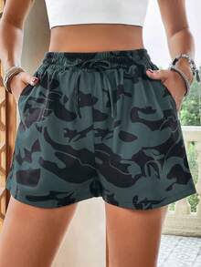 SHEIN LUNE Quần đùi nữ Túi Tất cả trên in Giải trí - Màu xanh lá cây đậm - Xem 5