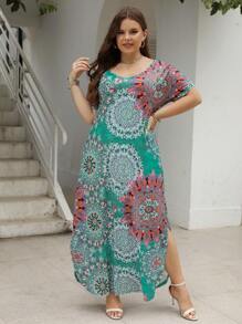 Nemidor Đầm Plus Size Tách cao Bộ lạc Boho - màu xanh lá - Xem 1
