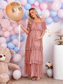 SHEIN Vestido de maternidad con hombros descubiertos y ribete de volantes - Rosa vieja - Ver 1