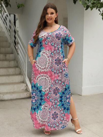Nemidor Vestido de talla grande con estampado de mandala bohemio y dobladillo dividido, para el verano