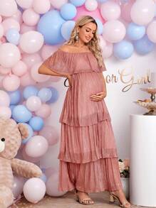 SHEIN Vestido de maternidad con hombros descubiertos y ribete de volantes - Rosa vieja - Ver 4