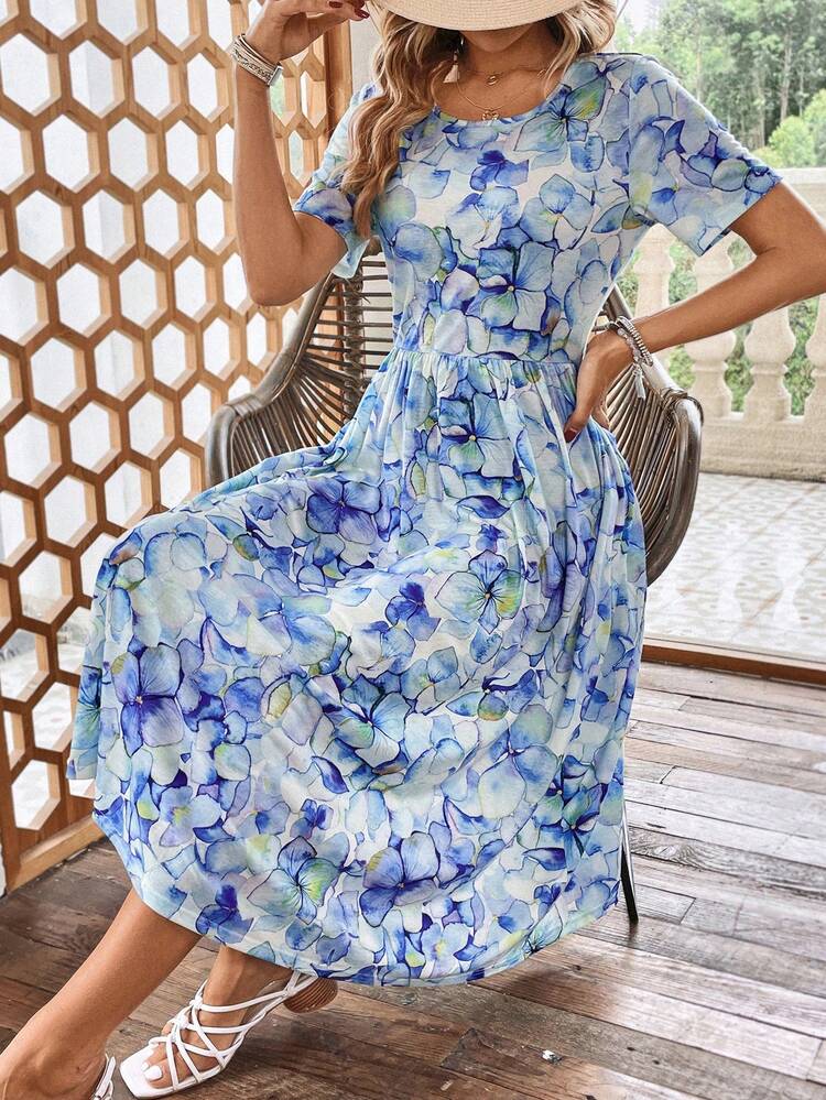 SHEIN LUNE Đầm Hoa Tất cả trên in Boho - Màu xanh nhạt - Xem 4