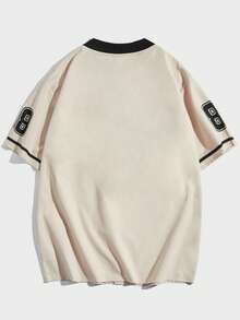 ROMWE MEN Prep 男士字母圖案棒球領襯衫 - 杏色 - 查看 2