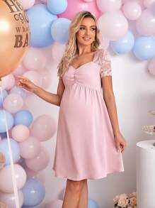 SHEIN Váy Bà bầu Lộ Lưng Nút Tương phản ren Cắt ra Xù Dải chun màu trơn Thanh lịch - Màu Hồng baby - Xem 7