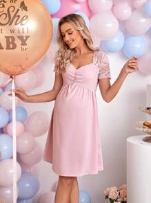 SHEIN Váy Bà bầu Lộ Lưng Nút Tương phản ren Cắt ra Xù Dải chun màu trơn Thanh lịch - Màu Hồng baby - Xem 8