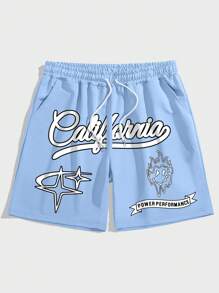 ROMWE MEN Prep 男士字母图案抽绳腰短裤，学校 - 淺藍色 - 查看 1