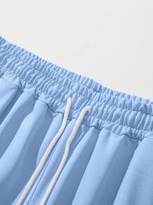 ROMWE MEN Prep 男士字母图案抽绳腰短裤，学校 - 淺藍色 - 查看 5