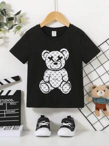 SHEIN 小男童小熊印花T恤 - 黑色 - 查看 5