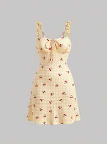 SHEIN MOD 雙色格子和櫻桃圖案前繫帶連衣裙 - 彩色 - 查看 1