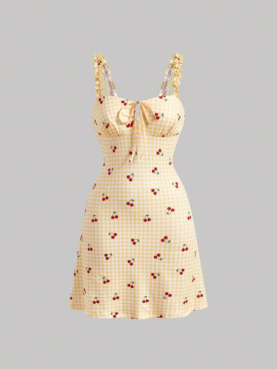 SHEIN MOD 雙色格子和櫻桃圖案前繫帶連衣裙 - 彩色 - 查看 1
