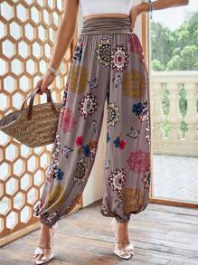 EMERY ROSE Floral Print Ruched Waist Carrot Trousers - Mocha Brown - View 1