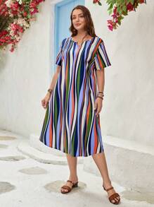 EMERY ROSE 大碼休閒條紋連衣裙 - 綠色 - 查看 5