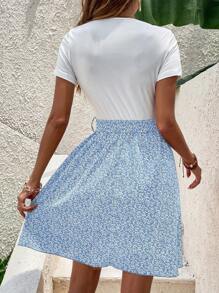 INAWLY Ditsy Floral Print Belted Dress - Blue and White - View 2