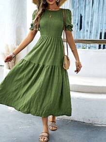 SHEIN Holidaya Vestido de manga farol bajo con fruncido - Verde - Ver 1