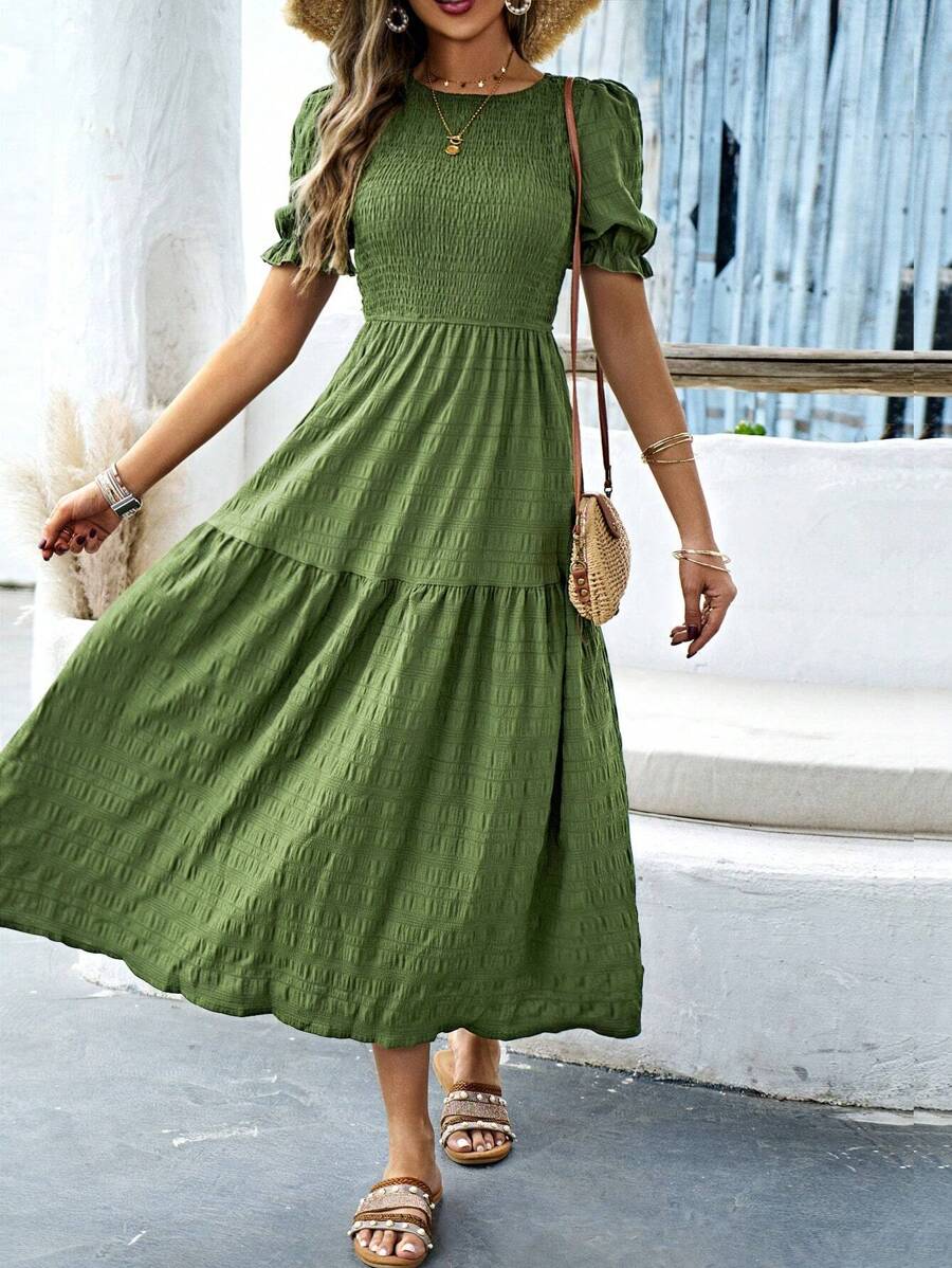 SHEIN Holidaya Vestido de manga farol bajo con fruncido - Verde - Ver 1