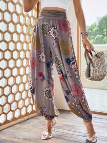 EMERY ROSE Floral Print Ruched Waist Carrot Trousers - Mocha Brown - View 3