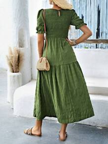 SHEIN Holidaya Vestido de manga farol bajo con fruncido - Verde - Ver 2