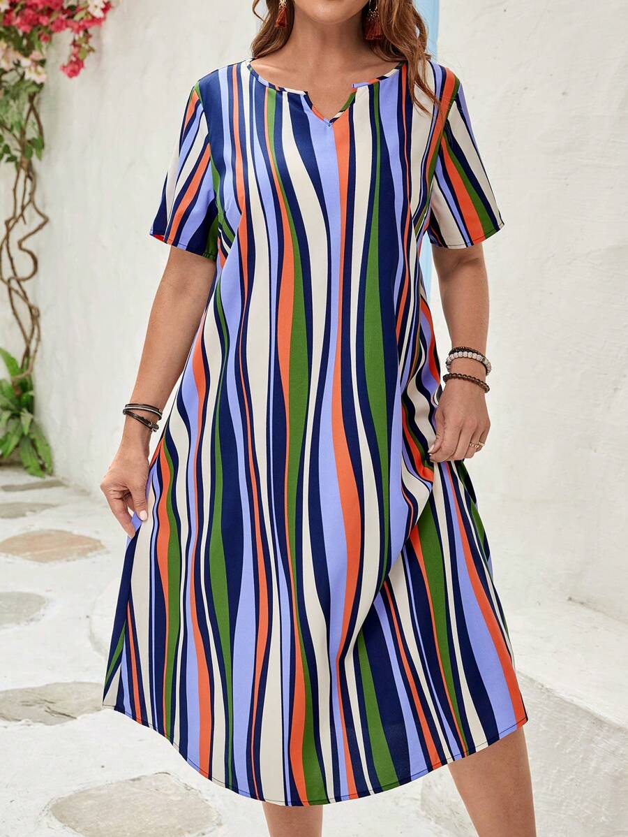 EMERY ROSE 大碼休閒條紋連衣裙 - 綠色 - 查看 1