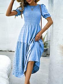 SHEIN Holidaya Puff Sleeve Ruffle Hem Dress - Blue - View 3