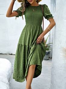 SHEIN Holidaya Vestido de manga farol bajo con fruncido - Verde - Ver 3