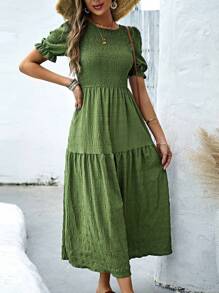 SHEIN Holidaya Vestido de manga farol bajo con fruncido - Verde - Ver 4