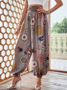 EMERY ROSE Floral Print Ruched Waist Carrot Trousers - Mocha Brown - View 5