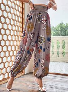 EMERY ROSE Floral Print Ruched Waist Carrot Trousers - Mocha Brown - View 6