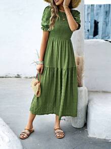 SHEIN Holidaya Vestido de manga farol bajo con fruncido - Verde - Ver 6