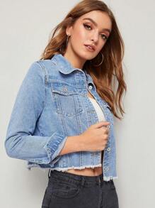 SHEIN Frenchy Raw Hem Flap Pocket Denim Jacket Winter - Light Wash - View 1