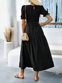 SHEIN Clasi Solid Puff Sleeve Ruffle Hem Dress Maxi Women Outfit