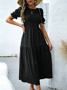 SHEIN Clasi Solid Puff Sleeve Ruffle Hem Dress Maxi Women Outfit