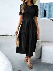 SHEIN Clasi Solid Puff Sleeve Ruffle Hem Dress Maxi Women Outfit