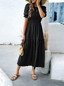 SHEIN Clasi Solid Puff Sleeve Ruffle Hem Dress Maxi Women Outfit