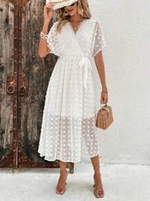 SHEIN VCAY Swiss Dot Surplice Neck Belted Dress - White - View 4