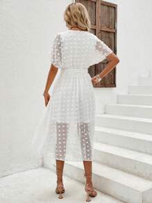 SHEIN VCAY Swiss Dot Surplice Neck Belted Dress - White - View 2