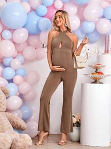 SHEIN Maternidad Mono halter con tira cruzada - Marrón Mocha - Ver 3