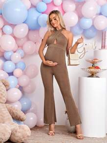 SHEIN Maternidad Mono halter con tira cruzada - Marrón Mocha - Ver 4