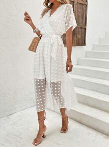 SHEIN VCAY Swiss Dot Surplice Neck Belted Dress - White - View 3