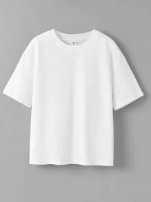 SHEIN Camiseta Casual De Hombro Caído De Color Sólido De Manga Corta Con Cuello Redondo De Verano Para Niños Preadolescentes - Blanco - Ver 1